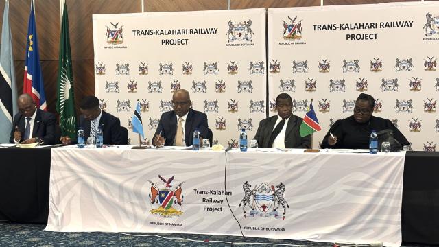 SWAKOPMUND, 21 February 2025 - Namibia’s Deputy Prime Minister and Minister of Works and Transport, John Mutorwa, and Botswana’s Minister of Transport and Infrastructure, Noah Salakae, photographed with various members of the Joint Ministerial Committee Meeting for the Trans-Kalahari Rail Corridor Project, which took place for over a week in Swakopmund. (Photo by: Isabel Bento) NAMPA