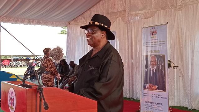 EENHANA, 21 February 2025 - Uutoni Nujoma speaking during the Founding President Sam Nujoma's memorial service at Eenhana in the the Ohangwena Region. (Photo: Clarence Katjaita) NAMPA 