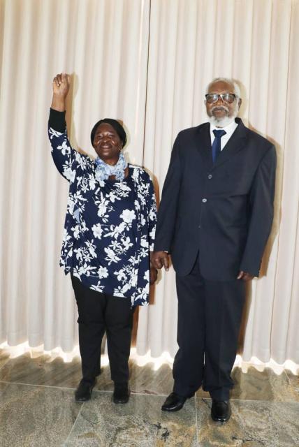 WINDHOEK, 20 February 2025 - Helvi Kalimba is pictured with Founding President Sam Nujoma (Photo: Contributed) NAMPA
