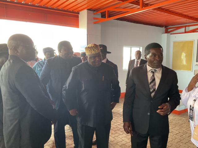 RUNDU, Governor of the Kavango East Region Bonny Wakudumo together with the Minister of Home Affairs, Immigration, Safety and Security Albert Kawana arriving at the Rundu Airport on Saturday to receive the body of Late Founding President Sam Nujoma for the third State Memorial Service in the region. (Photo by: Sawi Hausiku) NAMPA 