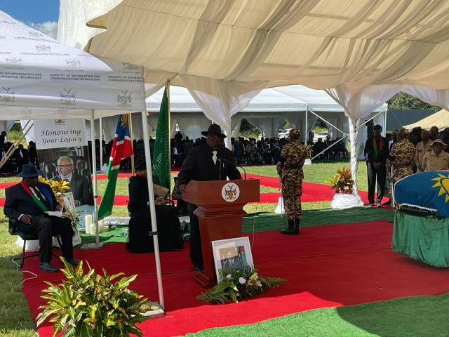 KATIMA MULILO, 23 February 2025 - Zambezi Region Governor Lawrence Sampofu delivering a message at the memorial service for Founding President Sam Nujoma. (Photo by: Edward Tenete) NAMPA 