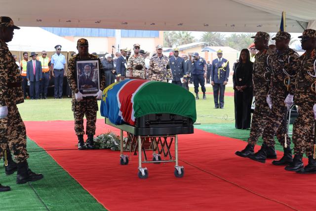 WALVIS BAY, 25 February 2025 - The casket carrying the remains of late Founding President Sam Nujoma during the memorial held in his honour in Walvis Bay on Tuesday. (Photo by: Isabel Bento). NAMPA