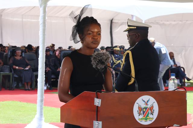 WALVIS BAY, 25 February 2025 - Winnie Mukupuki, the granddaughter of late founding father Sam Nujoma, speaking on behalf of the family at the memorial service held in his honour at the Kuisebmond Stadium in Walvis Bay. (Photo by: Isabel Bento) NAMPA