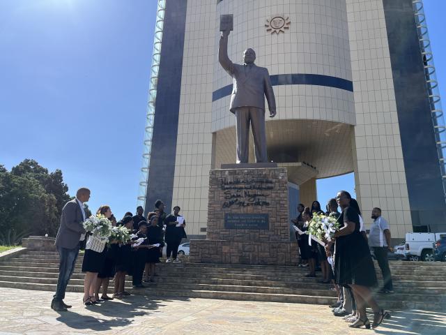 WINDHOEK, 26 February 2025 - Executive Director of the Ministry of Education, Arts and Culture, Sanet Steenkamp, along with the ministry’s employees, laying a wreath at the Independence Memorial Museum in Windhoek on Wednesday, in honor of Founding President Sam Nujoma. (Photo: Justina Shuumbwa ) NAMPA
