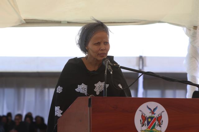 KEETMANSHOP, 26 February 2025 - Governor of the /Karas Region, Aletha Frederick while addressing mourner and those who came to pay their last respect for Namibia's Founding President Sam Nujoma during the seventh statement memorial at the J Stephanus Stadium in Tseiblaagte, Keetmanshop. (Photo by: Hesron Kapanga) NAMPA 