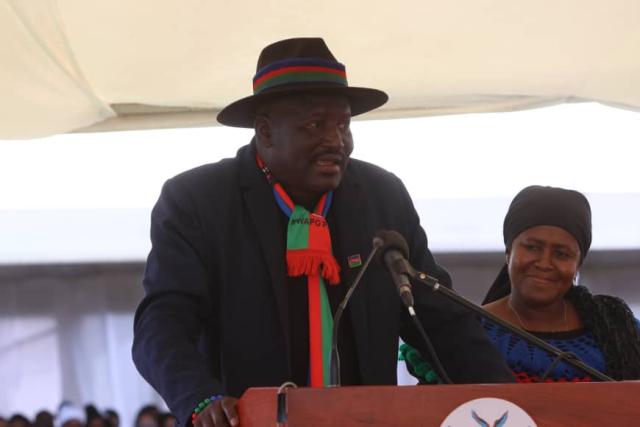 KEETMANSHOOP, 26 February 2025 – Swapo Party regional coordinator for ||Kharas, Matheus Mumbala pictured as he speaks at the seventh regional memorial service of the Founding President, Dr Sam Nujoma at Keetmanshoop on Wednesday. (Photo by: Hesron Kapanga) NAMPA