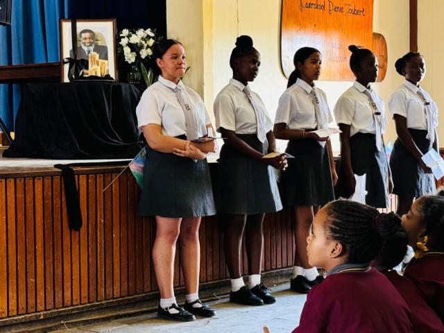 MARIENTAL, 19 February 2025 (NAMPA) - Students reciting tributes to the late Founding President Sam Nujoma at the Danie Joubert Combined School's memorial service in his honour. 
(Photo: Contributed) NAMPA 