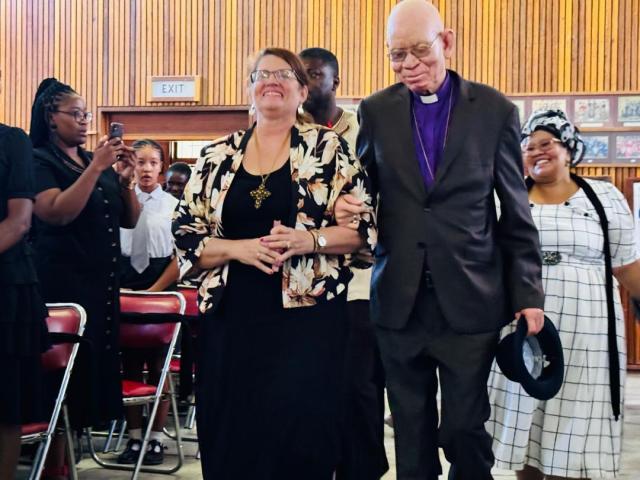 MARIENTAL, 19 February 2025 - Bishop Zephania Kameeta arrives at the Danie Joubert Combined School memorial service for Founding President Sam Nujoma, where he was the keynote speaker. (Photo: Contributed)