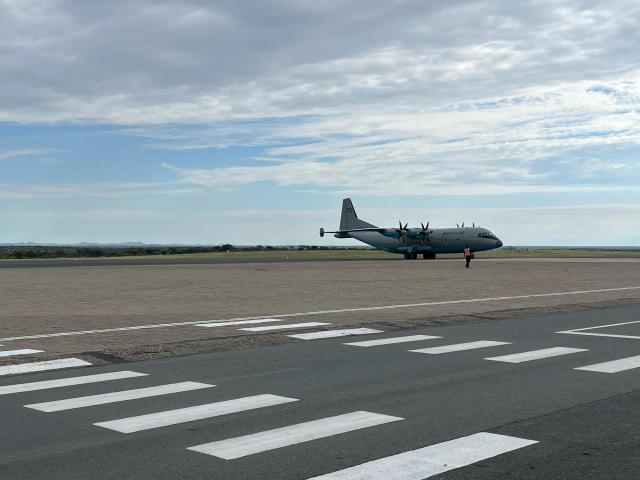 WINDHOEK, 27 February 2025 - The military plane carrying the remains of Founding President Sam Nujoma arriving at Hosea Kutako International Airport (Photo: Justina Shuumbwa) NAMPA
