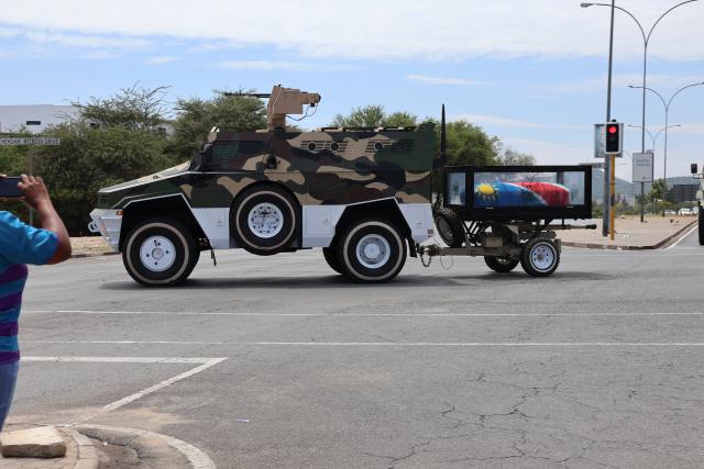 WINDHOEK, 27 February 2025 - A military vehicle transporting the casket of the late Founding President, Sam Nujoma. (Photo by: Andreas Thomas) NAMPA