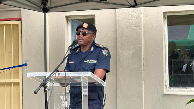 ONDANGWA, 04 March 2025 - Oshana Regional Commander Commissioner Naftal Lungameni Sakaria speaking at the commissioning of the Ondangwa motor vehicle clearance office on Wednesday. (Photo by: Maria David) NAMPA
