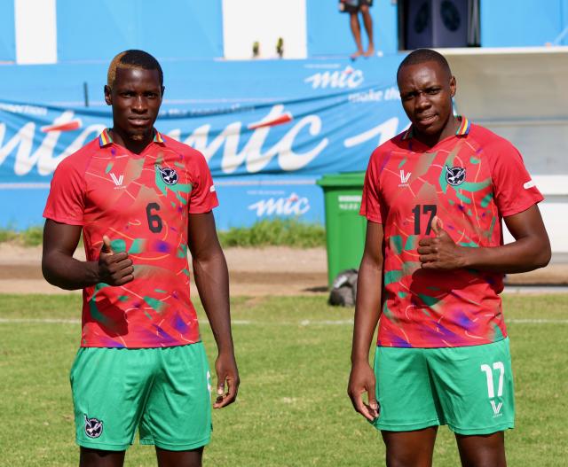 WINDHOEK, 12 March 2025 - Brave Warriors debutants Sisqo Haraseb (L) of Mighty Gunners, and Wiseman Lifasi of Julinho Athletics pictured during a training camp at the CBS training ground, ahead of the  2026 FIFA World Cup qualifiers against Malawi and Equatorial Guinea on 20 and 24 March 2025. (Photo by: Hesron Kapaga) NAMPA
