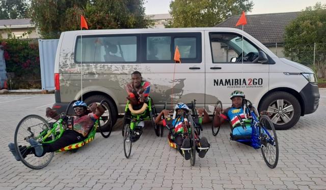 WINDHOEK, 15 March 2025 - Namibian wheelchair racers poses for a photo after completing the 2025 edition of the Outeniqua Chair Challenge (OCC) held in George, South Africa. From left to right Lucas Ndahangwapo, Roodly Gowaseb, Nicco Kharuxab, and Gabriel Ngishililwa. (Photo: contributed) NAMPA
