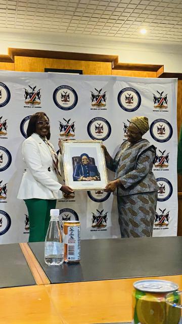 WINDHOEK,18 MARCH 2025- The Minister of Information and Communication Technology (MICT), Emma Theofelus  and the Vice President and President-elect Netumbo Nandi Ndaitwah at the unveiling of the presidential portrait at the old State House on Tuesday Morning. 
(Photo by: Ester Hakaala) NAMPA