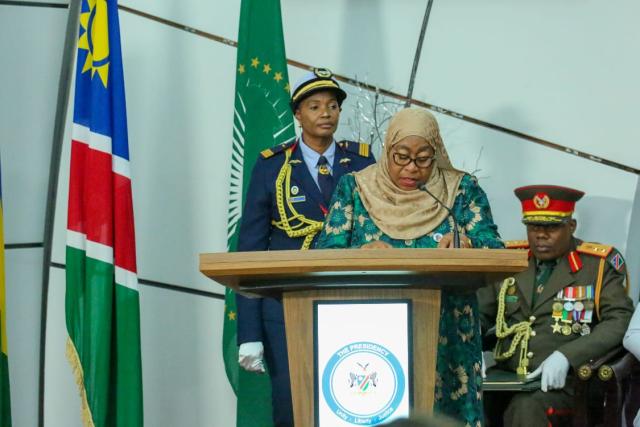 WINDHOEK, 21 March 2025 - Tanzanian President Samia Suluhu Hassan delivers her statement at the inauguration of President Netumbo Nandi-Ndaitwah on Friday. (Photo: Contributed)