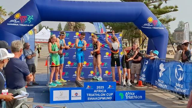 SWAKOPMUND, 22 March 2025 - Greek triathlete Panagiotis Bitados and Dutch competitor Rachel Klamer emerged victorious in the men’s and women’s elite categories of the Africa Triathlon Cup held in Swakopmund on Saturday. (Photo by: Isabel Bento) NAMPA