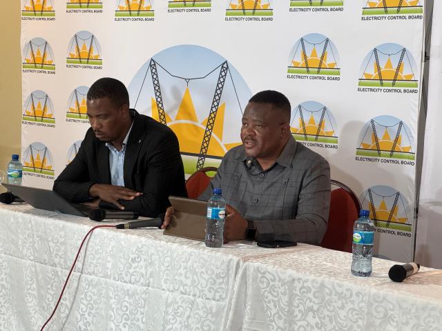 ONDANGWA, 25 March 2025 - Chief Executive Officer of the Electricity Control Board (ECB) Robert Kahimise (R) pictured with Johannes Petrus from ECB during a press conference held at Ondangwa on Tuesday. (Photo by: Maria David) NAMPA