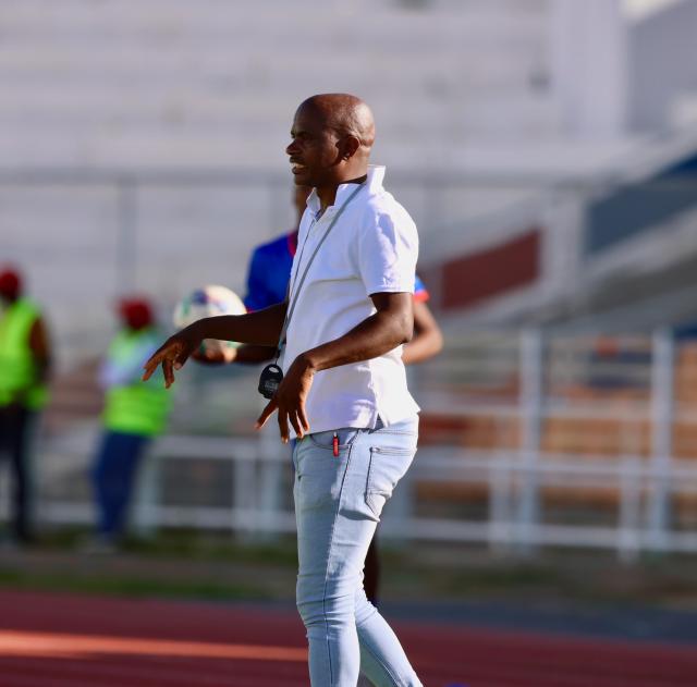 WINDHOEK, 05 April 2025 – Khomas NamPol head coach Fortune Eichab while on the touchline during their clash against KK Palace at the Independence Stadium  in the 2024/45 Debmarine Namibia Premiership season. (Photo by: Hesron Kapanga) NAMPA