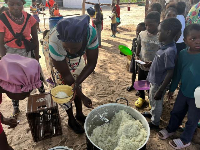 NKURENKURU, 15 April 2025 - Vulnerable children queue up to receive a meal at the Gava Village Soup Kitchen in the Kavango West Region. (Photo: Lylie Joel) NAMPA 