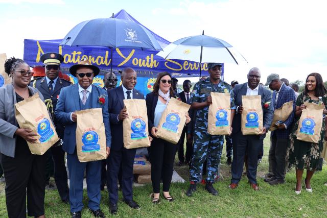 RIETFONTEIN, 30 April 2025 - Prime Minister, Dr Elijah Ngurare (third from left) officially launch the practical training session of the charcoal production course at the National Youth Service (NYS)'s Rietfontein centre outside Grootfontein in the Otjozondjupa Region on Wednesday. This was after a total of 345 recruits of NYS on Wednesday graduated with certificates part-one of the biomass business and charcoal production course at the centre. (Photo by: Mulisa Simiyasa) NAMPA