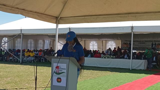 OSHAKATI, 01 May 2025 - Minister of Health and Social Service Dr. Esperance Luvindao speaking during the workers day at Oshakati on Thursday. (Photo: Maria David)NAMPA