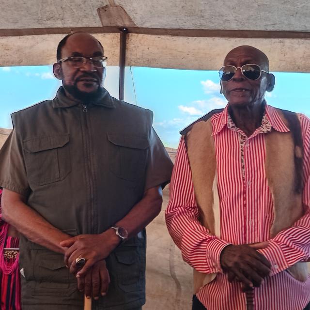 OMAIMBI, 03 Mat 2025 -Former Governor of Ohangwena Region, Usko Nghaamwa, and renowned businessman Pinehas Nambadi during special visit by Ondonga Traditional Authority King on Saturday. (Photo: Maria David)NAMPA