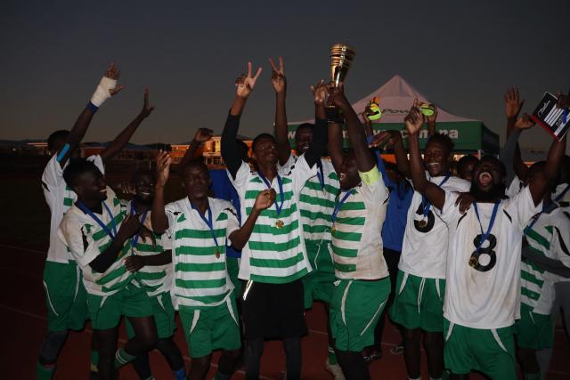 RIETFONTEIN, 04 May 2025 - The Ocean Young Deaf Football Club from Walvis Bay in the Erongo Region on Sunday afternoon celebrates their victory as champions of the 2025 National Deaf Sports Games which took place at Rietfontein Sports Stadium in the Otjozondjupa Region. (Photo by: Herson Kapanga) NAMPA