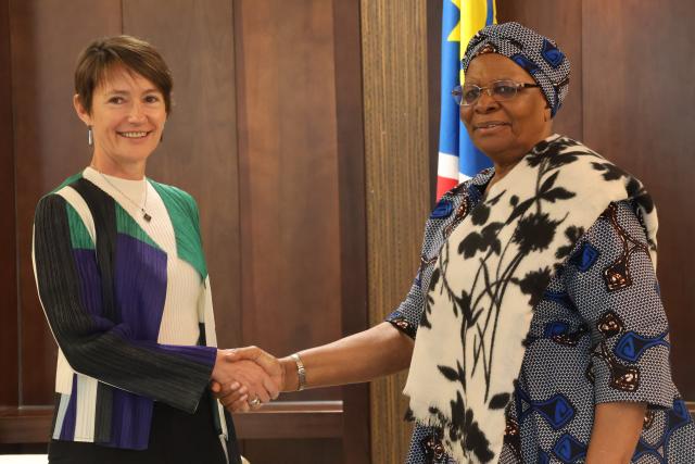 WINDHOEK, 06 MAY 2025- French Ambassador to Namibia Cecile Vigneau  (L) pictured with President Netumbo Nandi-Ndaitwah during a courtesy visit at Statehouse. (Photo by: Linea Dishena) NAMPA 