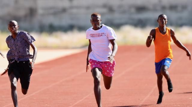 RIETFONTEIN, 03 May 2025 - Athletes competing in the 200 metres race during the 2025 Namibian Deaf Sports Federation (NDSF) National Games, that were held at the National Youth Service Centre in Rietfontein, Otjozondjupa Region. (Photo by: Hesron Kapanga) NAMPA