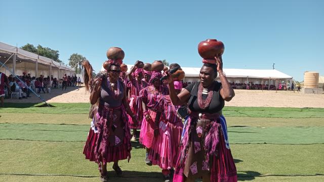 OMHEDI, 10 May 2025 - Oukwanyama women carrying clay pots filled with omagongo juice during the Omagongo Festival at the Omhedi Palace on Saturday. (Photo: Maria David)NAMPA 