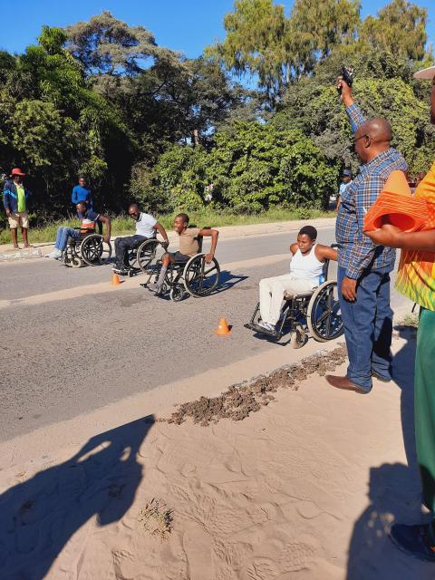 KATIMA MULILO, 11 May 2025 – Zambezi Regional Governor, Lawrence Sampofu ‘shoots’ a starting gun during the 100 meters sprint for wheelchair Para-Athletes during the Lajayde Athletics Club inaugural championship event in the Zambezi Region over the weekend.
(Photo: Contributed)
