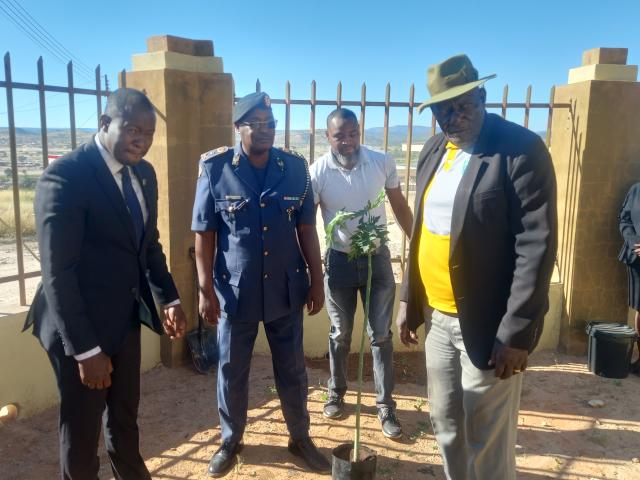 OPUWO, 12 MAY 2025 - Kunene Governor Vipuakuje Muharukua (left) and other dignitaries during the planting of trees; an event he spearheaded in tribute of Founding President, Sam Nujoma. The event took place at the governor's chambers in Opuwo on Monday. (Photo by: Uakutura Kambaekua) NAMPA
