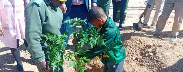 MARIENTAL, 12 MAY (NAMPA) - A learner of the Aimablaagte Primary School being assisted to plant a tree in remembrance of the late Founding President, Dr. Sam Nujoma on Monday. Hardap Governor, Riaan McNab distributed 30 seedlings to local schools in Mariental on Monday. (Photo by: Charmaine Boois) NAMPA