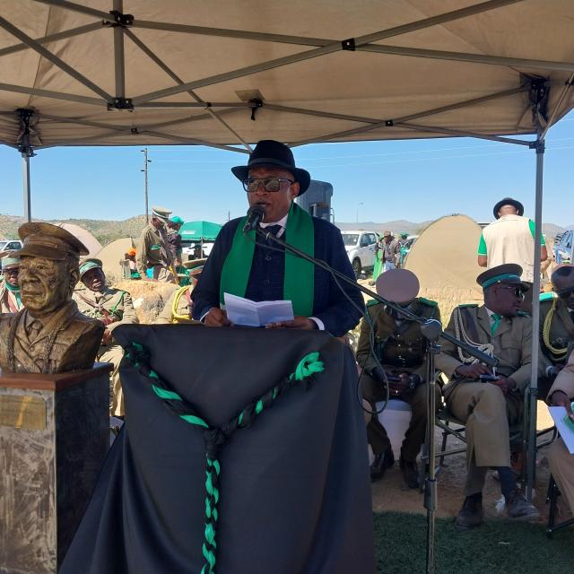 OKAHANDJA, 12 May 2025 - Freddy Ueriurika Nguvauva, the special advisor to the Supreme Council of the Ovambanderu Traditional Authority, speaking during the funeral of senior councillor of the Ovambanderu Traditional Authority, Gerson Kunomundu Katjirua at the Ovambanderu Heroes' Acre in Okahandja on Sunday. (Photo: Zebaldt Ngaruka) NAMPA