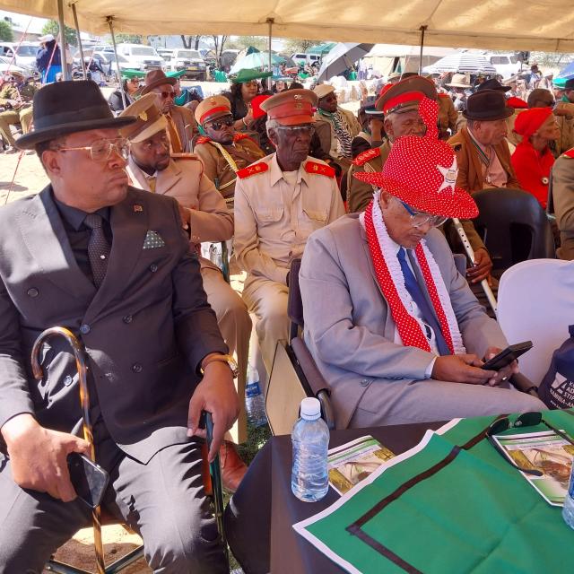 OKAHANDJA, 12 May 2025 - Popular Democratic Movement President, McHenry Venaani (L) questioned President Netumbo Nandi-Ndaitwah's absence from the funeral of war veteran, Gerson Katjirua in Okahandja on Sunday. (Photo: Zebaldt Ngaruka) NAMPA 