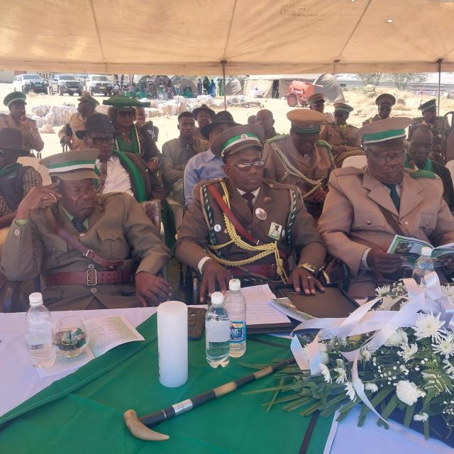 OKAHANDJA, 12 May 2025 - Ovambanderu Chief Eben Tjozohongo II Nguvauva (middle) with Chief Kungairi Nguvauva of Botswana (L) and Senior Councillor Arnold Ripuree Tjozongoro (R) during the funeral of Senior Councillor of the Ovambanderu Traditional Authority, Gerson Kunomundu Katjirua at the Ovambanderu Heroes' Acre in Okahandja on Sunday. (Photo: Zebaldt Ngaruka) NAMPA 