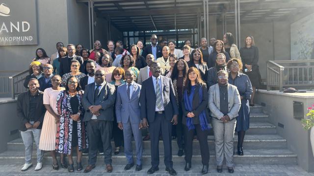 SWAKOPMUND, 13 MAY 2025 - Erongo Governor Neville Andre Itope, Inspector General of the Namibian Police Force, Lieutenant General Joseph Shikongo, NSA Statistician-General Alex Shimuafeni photographed with different stakeholders at the opening of the high-level stakeholder meeting on enhancing the Gender-Based Violence Information Management System (GBVIMS) at Swakopmund on Tuesday. (Photo by: Isabel Bento) NAMPA