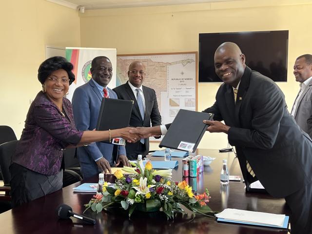 WINDHOEK, 14 MAY 2025- Angolan Ombudsman, Dr Florbela Rocha Araujo (L) and Namibian Ombudsman Advocate Basilius Dyakugha (R) shake hands after signing of Memorandum of Understanding. (Photo by: Linea Dishena) NAMPA