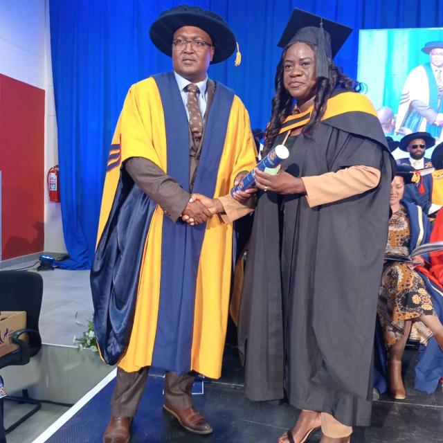 EEMBAXU, 15 May 2025 - Ohangwena Head of Ministry of Information Communication office Meschtilde Mathias graduated with Bachelor of Public Governance Honours (NQF8) on Thursday.
