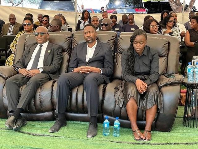 SIKONDO, 16 May 2025 - Prime Minister Dr Elijah Ngurare sitting with Chairperson of the National Council, Lukas Muha, and his daughter during the memorial service of the late Magreth Wayera Muha on Friday. (Photo by: Sawi Hausiku) NAMPA