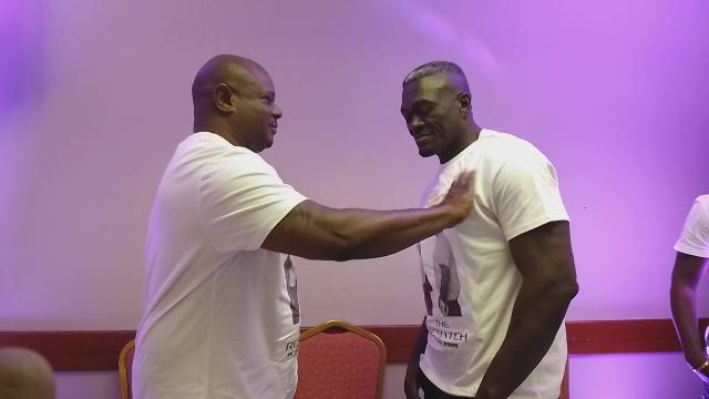 ONGWEDIVA, 21 May 2025- Veteran boxer Harry Simon and Paulus Shimweefeleni, famously known as "Ninja" during the face off event at Ongwediva on Wednesday. (Photo: Maria David)NAMPA
