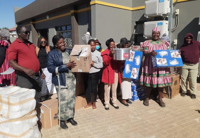 WINDHOEK, 23 May 2025 - Beneficiaries of the Income Generating Activities programme (IGAs) with donated materials and equipment at the Khomas Regional Council office in the Tobias Hainyeko Constituency. (Photo: Edward Tenete) NAMPA 