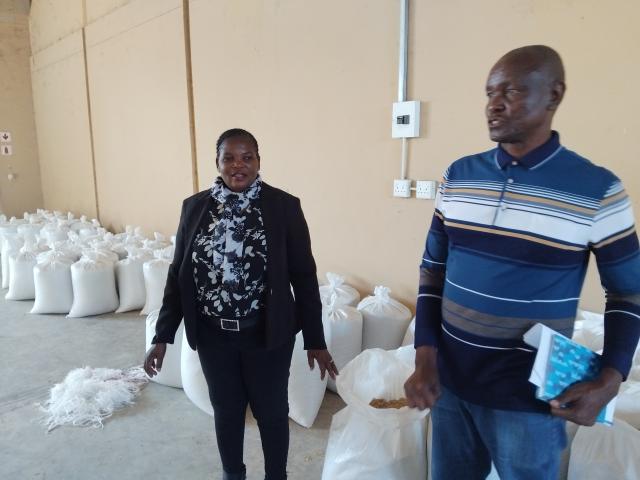 KALIMBEZA, 30 May 2025 - Kalimbeza Green Scheme Irrigation Project Manager, Patrick Kompeli says the farm has managed to harvest a total of 108 tons of raw rice that is kept in the warehouse at Kalimbeza. He was briefing visiting Deputy Minister of Agriculture, Fisheries, Water and Land Reform, Ruth Masake on Friday.
(Photo: Michael Mutonga Liswaniso) NAMPA