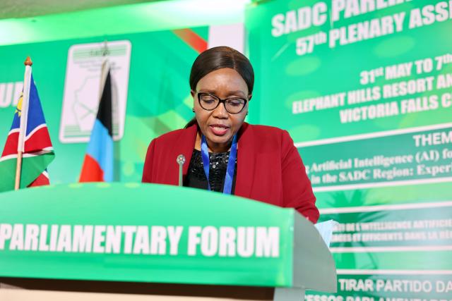 WINDHOEK, 04 June 2025 - Speaker of the Namibia National Assembly Saara Kuugongelwa-Amadhila, addressing the 57th Plenary Assembly Session of the SADC Parliamentary Forum in Victoria Falls (Photo: Contributed) Nampa