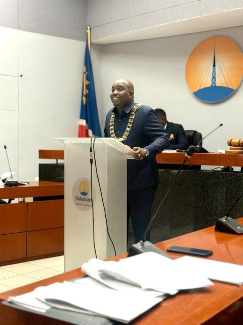 OSHAKATI, 06 June 2025 - Oshakati Mayor Leonard Hango during the tabling of the budget on Friday. (Photo by: Maria David) NAMPA