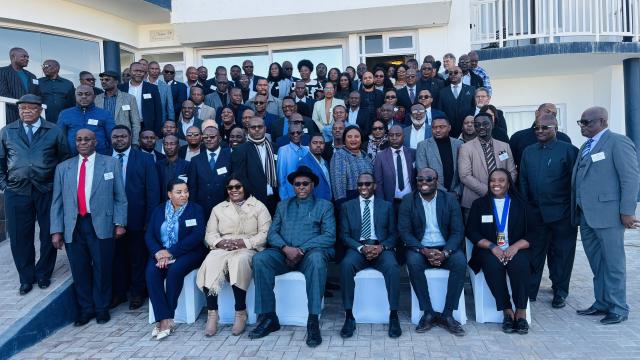 SWAKOPMUND, 11 June 2025 - Minister of Urban and Rural Development Sankwasa James Sankwasa, Deputy Minister Evelyn Nawases-Taeyele and Governor of the Erongo Region Neville Andre Itope photographed with regional and local authority officials at the opening of the High-Level Consultative Meeting for Regional and Local Authority Councils in Swakopmund on Wednesday. (Photo by: Isabel Bento) NAMPA