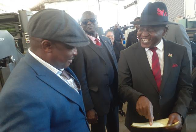 WINDHOEK, 11 June 2025 - Hakahana Commercial Printers Managing Director Max Hamata (L) with the Prime Minister Elijah Ngurare (R) at the Hakahana Commercial Printers facility in Windhoek. (Photo: Edward Tenete) NAMPA 