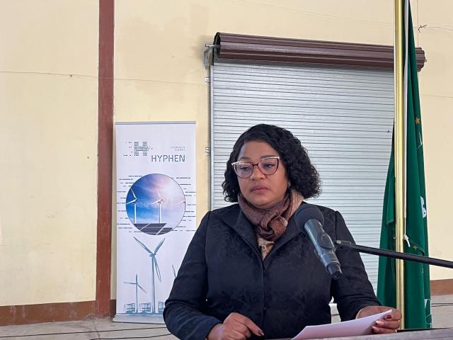 NKURENKURU, 11 June 2025- Kavango West Governor, Verna Sinimbo at Hyphen Hydrogen Energy Stakeholder Engagement taking place at Nkurenkuru Expo Hall in Kavango West Region on Wednesday.  
(photo: Lylie Joel)
NAMPA