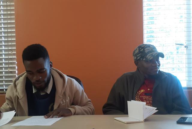 WINDHOEK, 12 June 2025 - Student Union of Namibia (SUN) Spokesperson Johannes Malapi (L) together with SUN President Shikesho Natangwe (R) at a press conference. (Photo: Edward Tenete) NAMPA 