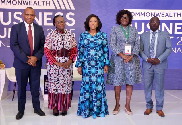 WINDHOEK, 18 June 2025 - (From left) Bisey /Uirab, the president of the Namibia Chamber of Commerce and Industry; Selma Ashipala-Musavyi, Minister of International Relations and Trade; Commonwealth Secretary General Shirley Ayorkor Botchwey; Namibia Investment Promotion and Development Board (NIPDB) CEO Nangula Uaandja; and Acting Secretary General of the Namibia Local Business Association (NALOBA), Olavi Lita, pictured during the opening ceremony of the Commonwealth Business Summit 2025 on Wednesday. (Photo by: Hesron Kapanga) NAMPA